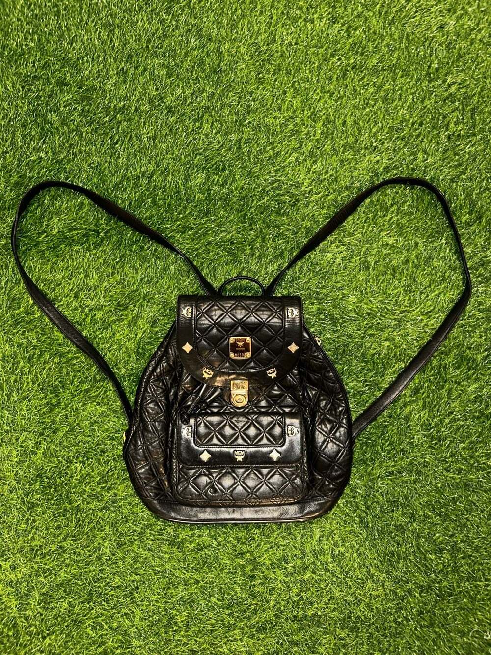 MCM Studded Black Quilted Leather Drawstring Backpack